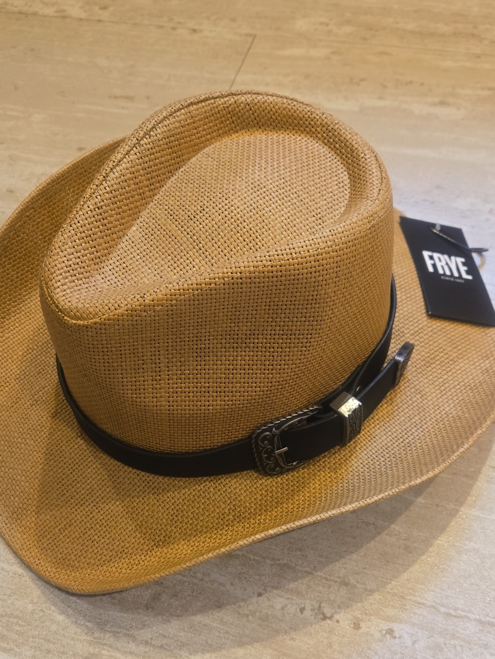 New FRYE Authentic Tobacco Cowgirl Hat with Belt Buckle Accent